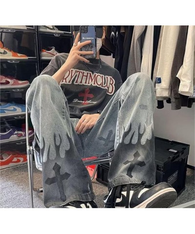 Y2K Cross Flame Graphic Wide Leg Denim Jeans Straight Casual Loose Baggy Trousers Vintage Streetwear Blue $13.86 Jeans