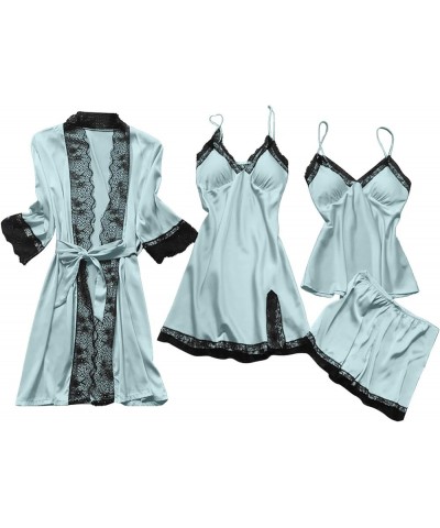 Women's Pajama Sets 4pcs Lace Trim Robes Nightgowns Cami & Shorts Lingerie Sleepwear Christmas Item Pajama Set06-light Blue $...