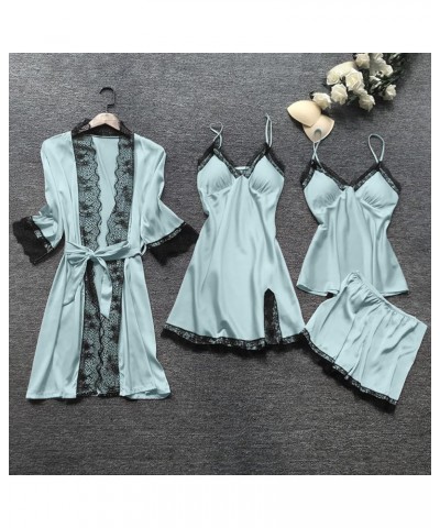 Women's Pajama Sets 4pcs Lace Trim Robes Nightgowns Cami & Shorts Lingerie Sleepwear Christmas Item Pajama Set06-light Blue $...