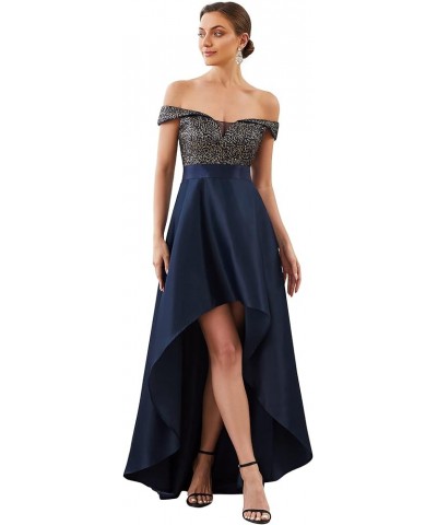 Women's Off The Shoulder Sequin Satin Maxi Wedding Guest Dress 0063B Navy Blue $21.49 Dresses