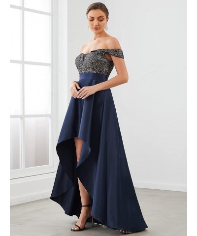 Women's Off The Shoulder Sequin Satin Maxi Wedding Guest Dress 0063B Navy Blue $21.49 Dresses