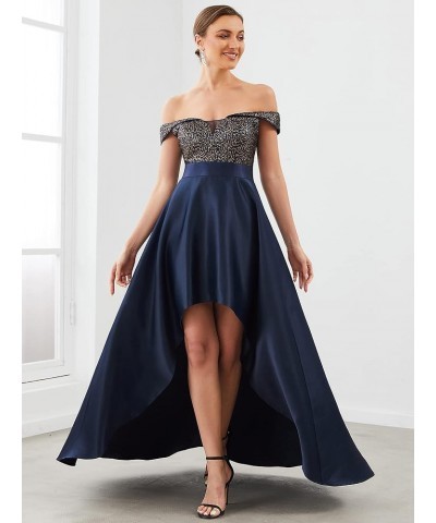 Women's Off The Shoulder Sequin Satin Maxi Wedding Guest Dress 0063B Navy Blue $21.49 Dresses