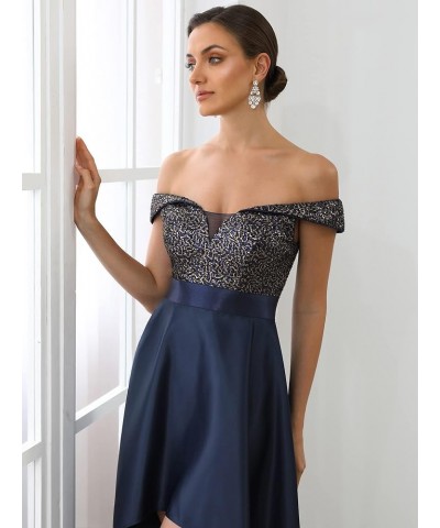 Women's Off The Shoulder Sequin Satin Maxi Wedding Guest Dress 0063B Navy Blue $21.49 Dresses