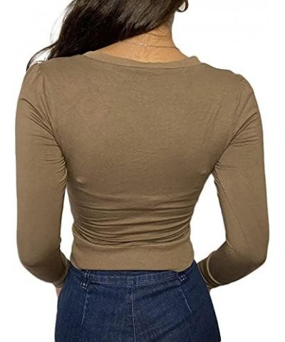 Women's Fairy Grunge Long Sleeve T-Shirt Tops Lace Square Neck Buttons Casual Slim Fit Crop Top Basic Tee Top Blouses C-khaki...