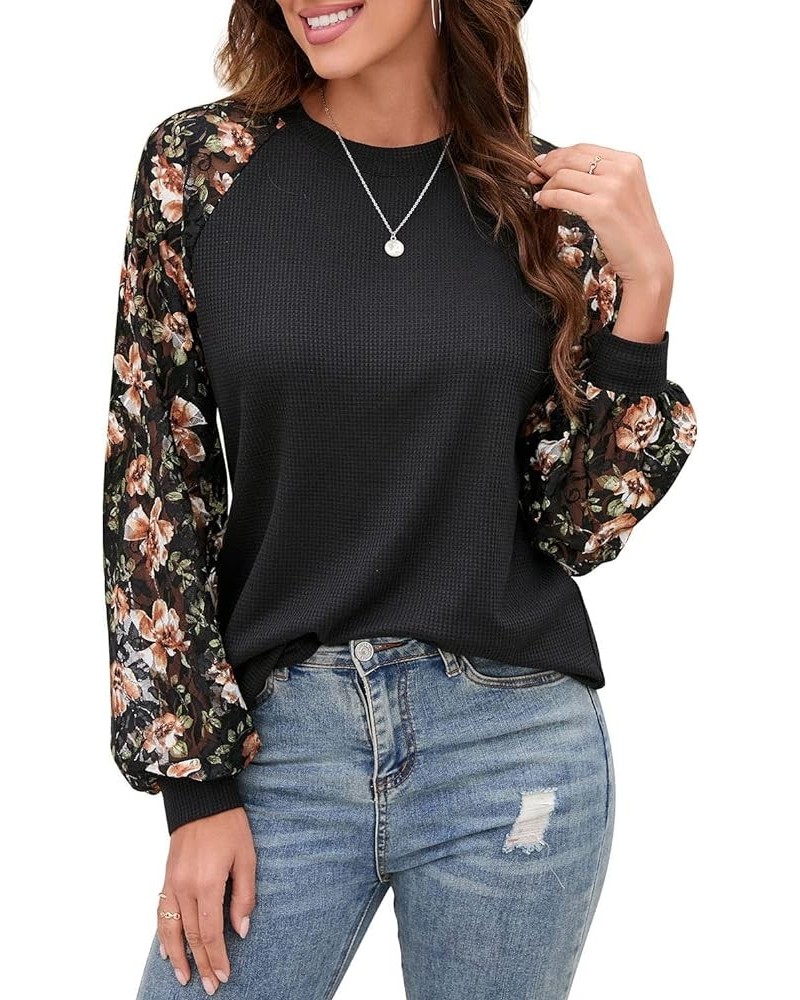 Women's Waffle Knit Blouse Puff Long/Short Sleeve Lace Tops Casual Loose T Shirts 02 Long Sleeve 21 Fp-brown Black $12.88 Others