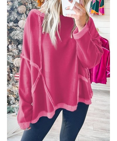 Womens Sweatshirts Pullover Tops Exposed Seam Drop Shoulder Raw Hem Oversized Sweatshirt Casual Y2K Clothes Rose Red $12.34 H...