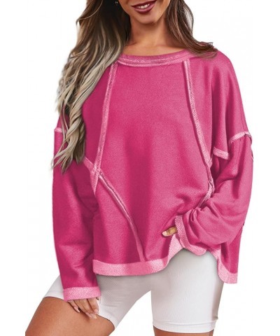 Womens Sweatshirts Pullover Tops Exposed Seam Drop Shoulder Raw Hem Oversized Sweatshirt Casual Y2K Clothes Rose Red $12.34 H...