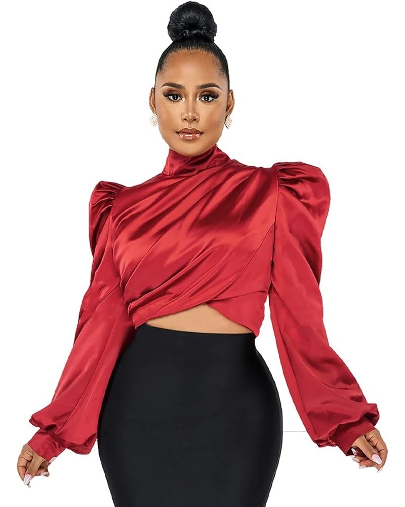 White Blouse for Women Puffy Long Sleeve Mock Neck Tops Satin Silk Shirts Work Blouses Red $20.64 Blouses