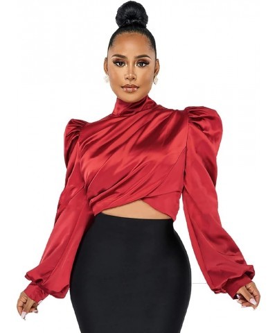 White Blouse for Women Puffy Long Sleeve Mock Neck Tops Satin Silk Shirts Work Blouses Red $20.64 Blouses