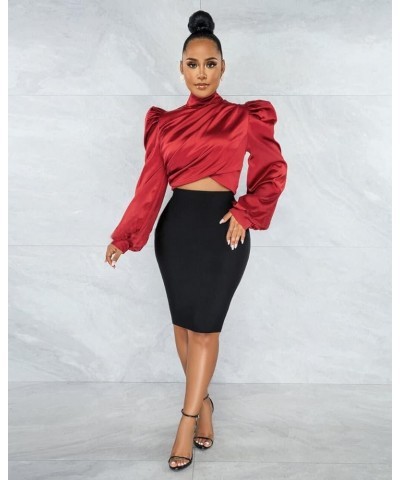 White Blouse for Women Puffy Long Sleeve Mock Neck Tops Satin Silk Shirts Work Blouses Red $20.64 Blouses