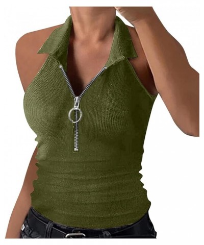 Women's 2023 Sleeveless Tops Summer Tank Top Ribbed Half Zipper V Neck Slim Cropped Cami Shirt Tank Tops Green $10.72 Tanks