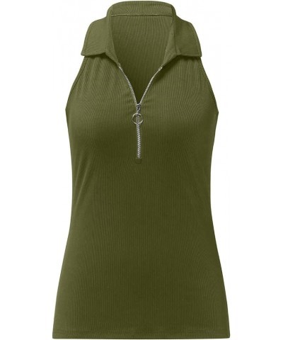 Women's 2023 Sleeveless Tops Summer Tank Top Ribbed Half Zipper V Neck Slim Cropped Cami Shirt Tank Tops Green $10.72 Tanks