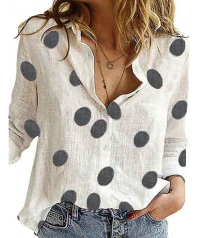 Women's Casual V Neck Cotton Linen Shirt Button Down Roll Up Long Sleeve Lapel Blouse Tops 6-big Dot White $9.89 Blouses