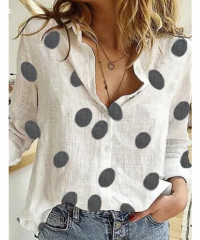 Women's Casual V Neck Cotton Linen Shirt Button Down Roll Up Long Sleeve Lapel Blouse Tops 6-big Dot White $9.89 Blouses