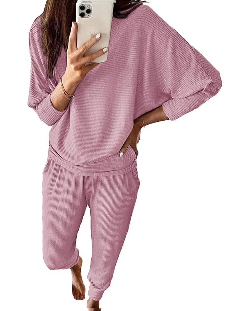 Women's Fashion Outfits 2 Piece Sweatsuit Solid Color Long Sleeve Pullover Long Pants Pink $22.56 Activewear