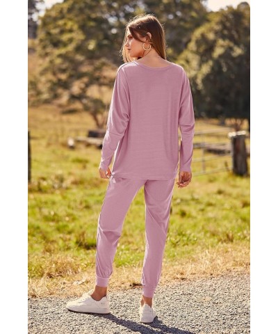 Women's Fashion Outfits 2 Piece Sweatsuit Solid Color Long Sleeve Pullover Long Pants Pink $22.56 Activewear