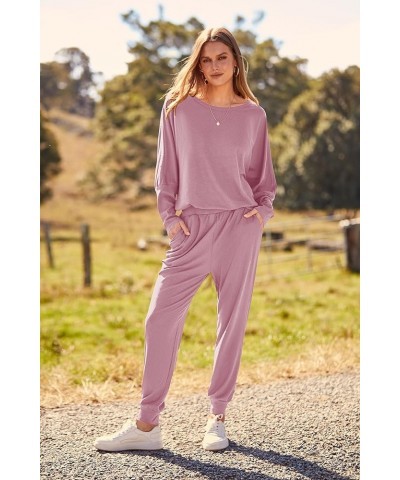 Women's Fashion Outfits 2 Piece Sweatsuit Solid Color Long Sleeve Pullover Long Pants Pink $22.56 Activewear