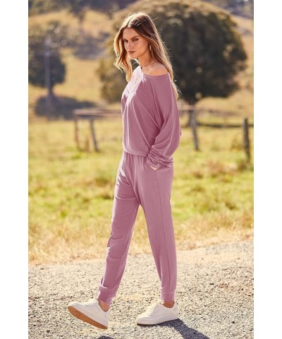 Women's Fashion Outfits 2 Piece Sweatsuit Solid Color Long Sleeve Pullover Long Pants Pink $22.56 Activewear