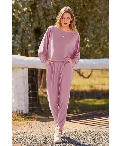 Women's Fashion Outfits 2 Piece Sweatsuit Solid Color Long Sleeve Pullover Long Pants Pink $22.56 Activewear