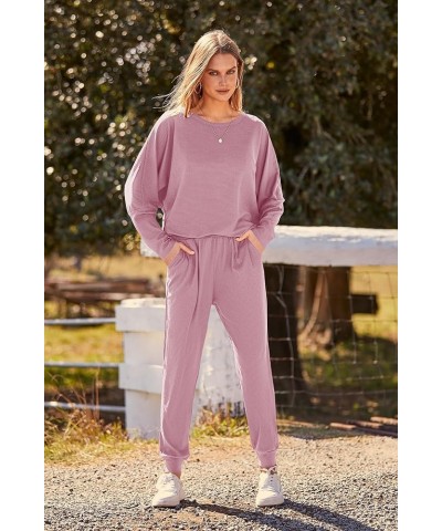 Women's Fashion Outfits 2 Piece Sweatsuit Solid Color Long Sleeve Pullover Long Pants Pink $22.56 Activewear