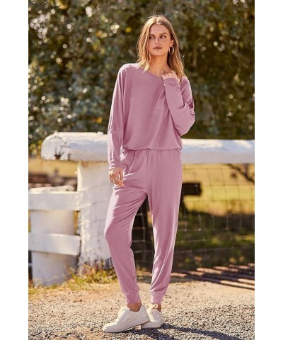 Women's Fashion Outfits 2 Piece Sweatsuit Solid Color Long Sleeve Pullover Long Pants Pink $22.56 Activewear