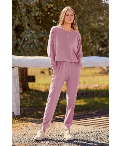 Women's Fashion Outfits 2 Piece Sweatsuit Solid Color Long Sleeve Pullover Long Pants Pink $22.56 Activewear