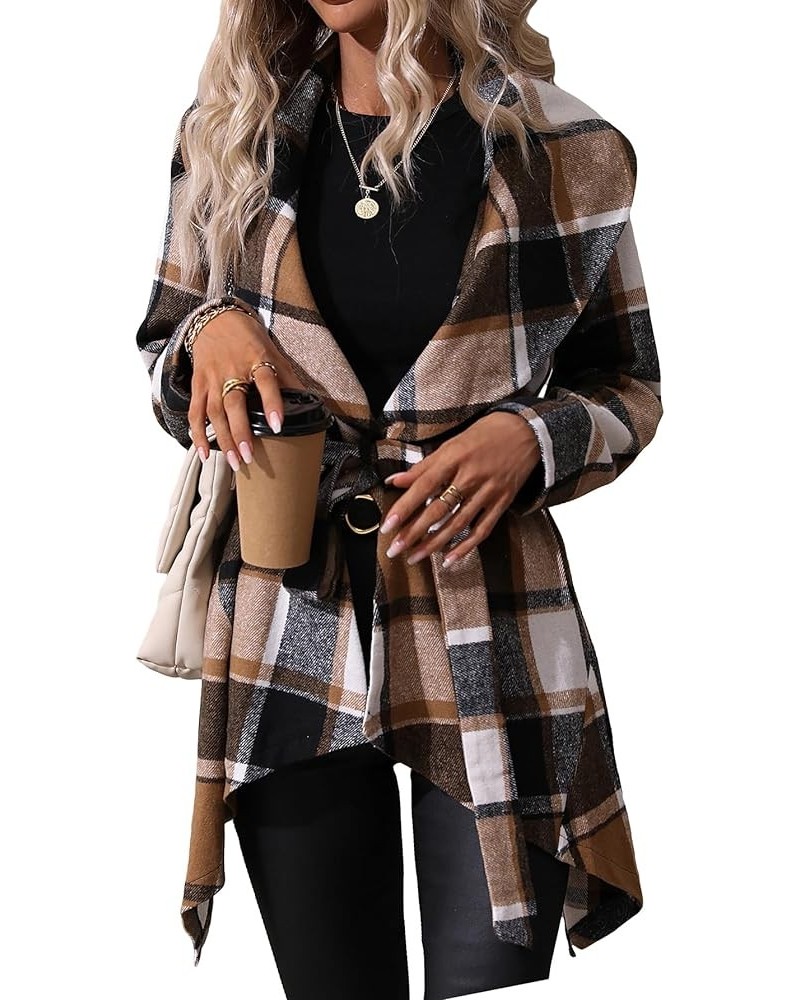 Women's Plaid Belted Wrap Coat Waterfall Collar Asymmetrical Elegant Coat Outerwear Multicolor $30.77 Coats