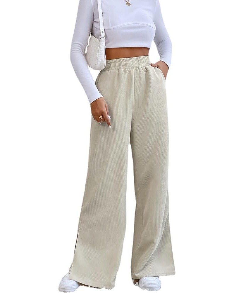 Women's Vintage Corduroy Straight Leg Pants Elastic High Waist Side Split Wide Leg Trousers White $14.55 Pants