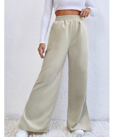 Women's Vintage Corduroy Straight Leg Pants Elastic High Waist Side Split Wide Leg Trousers White $14.55 Pants