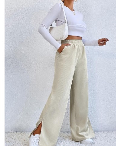 Women's Vintage Corduroy Straight Leg Pants Elastic High Waist Side Split Wide Leg Trousers White $14.55 Pants