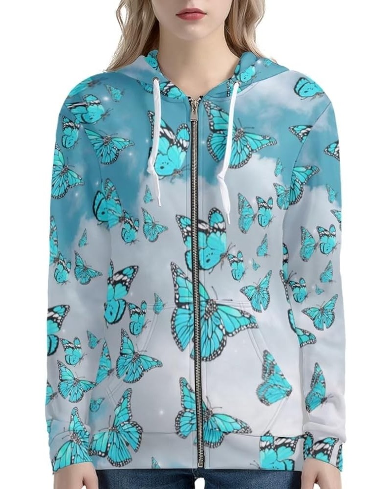 Oversized Zip Up Hoodies for Women Loose Fit Sweatshirts Y2K Clothes Blue Elegant Butterfly $15.94 Hoodies & Sweatshirts