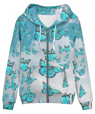 Oversized Zip Up Hoodies for Women Loose Fit Sweatshirts Y2K Clothes Blue Elegant Butterfly $15.94 Hoodies & Sweatshirts