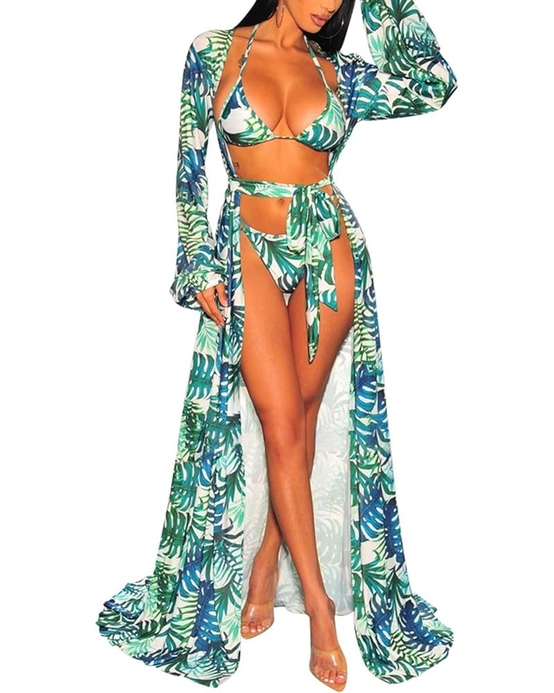 Women's Beach Swimsuit Long Sleeve Cover Up Sexy Mesh Bikini Coverup Flowy Maxi Dress Open Front Robe with Belt Green $16.19 ...
