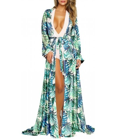 Women's Beach Swimsuit Long Sleeve Cover Up Sexy Mesh Bikini Coverup Flowy Maxi Dress Open Front Robe with Belt Green $16.19 ...