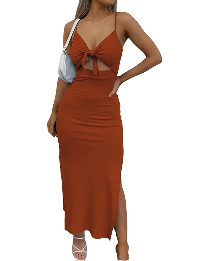 Women's Tie Knot Cut Out Side Split Hem Sleeveless Knit Bodycon Maxi Dress Caramel $20.21 Dresses