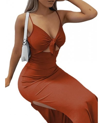 Women's Tie Knot Cut Out Side Split Hem Sleeveless Knit Bodycon Maxi Dress Caramel $20.21 Dresses