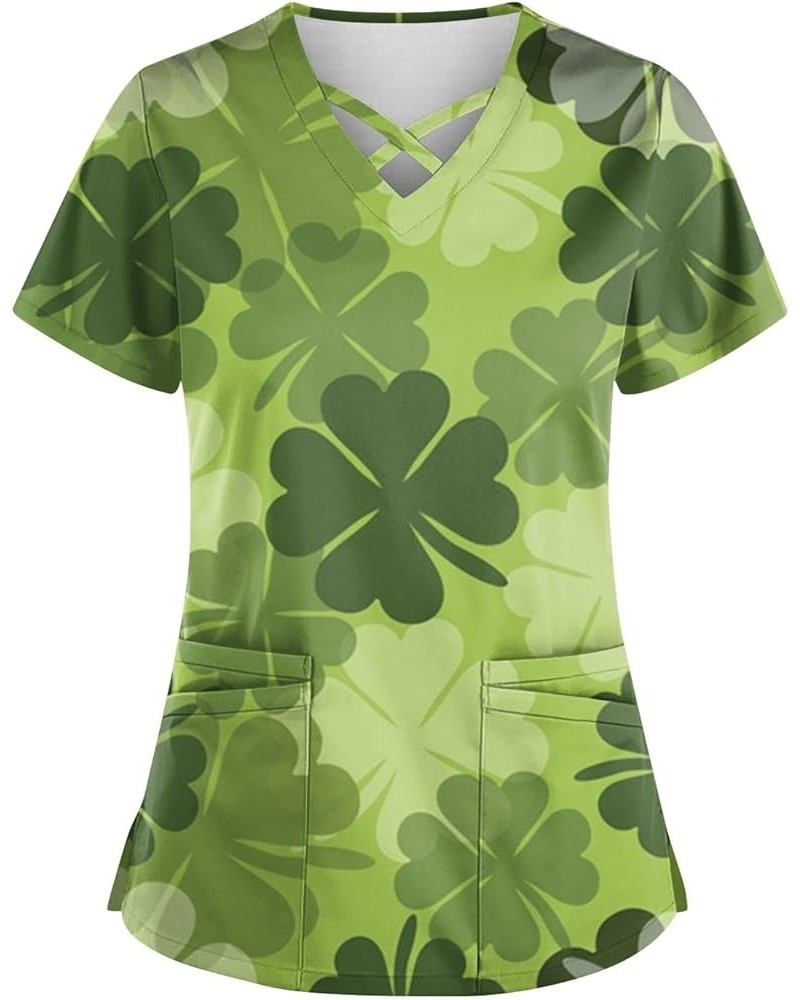 St Patricks Tops 2024 Blouse Womens Plus Size Short Sleeve Fashion Cross V Neck Shirt Double Pockets Tshirts 1-mint Green $9....