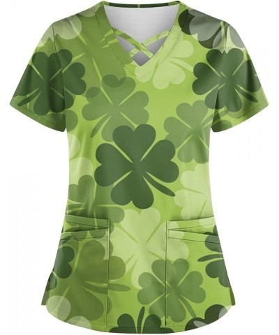 St Patricks Tops 2024 Blouse Womens Plus Size Short Sleeve Fashion Cross V Neck Shirt Double Pockets Tshirts 1-mint Green $9....