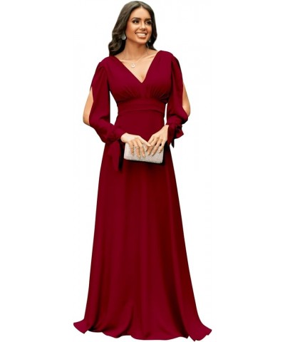 Women's V Neck Bridesmaid Dresses with Sleeves Long Chiffon Ruched Formal Evening Dresses Burgundy $32.00 Dresses