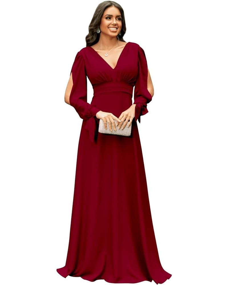 Women's V Neck Bridesmaid Dresses with Sleeves Long Chiffon Ruched Formal Evening Dresses Burgundy $32.00 Dresses