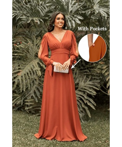 Women's V Neck Bridesmaid Dresses with Sleeves Long Chiffon Ruched Formal Evening Dresses Burgundy $32.00 Dresses