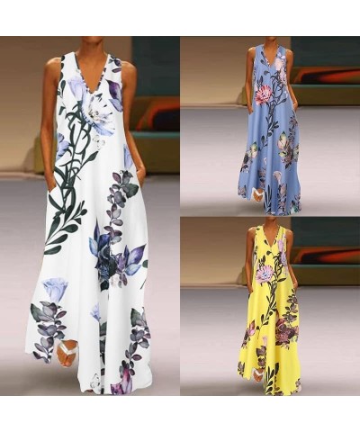 Women Spring Summer Maxi Long Dress Sleeveless Floral Print Boho Casual Loose Beach Party Midi Dresses 3-white $18.72 Dresses