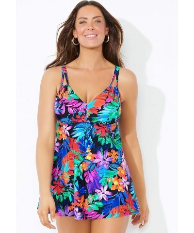 Women's Plus Size Loop Strap Two-Piece Swimdress Black White Palms $34.42 Swimsuits