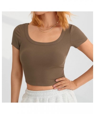 Women Y2K Short Sleeve Crop Top Round Neck Ribbed Knit Fitted Baby Tee Casual Pullover Cropped T-Shirt Top C-brown $6.75 T-Sh...