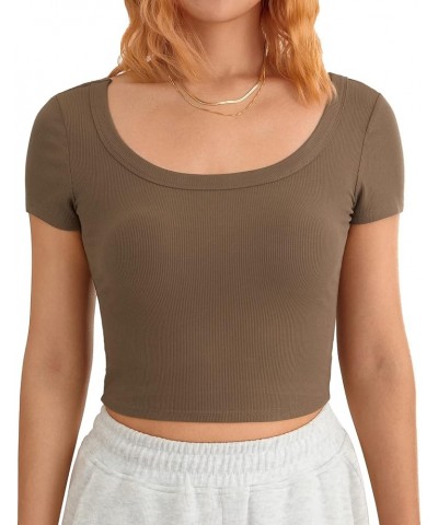 Women Y2K Short Sleeve Crop Top Round Neck Ribbed Knit Fitted Baby Tee Casual Pullover Cropped T-Shirt Top C-brown $6.75 T-Sh...