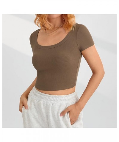 Women Y2K Short Sleeve Crop Top Round Neck Ribbed Knit Fitted Baby Tee Casual Pullover Cropped T-Shirt Top C-brown $6.75 T-Sh...