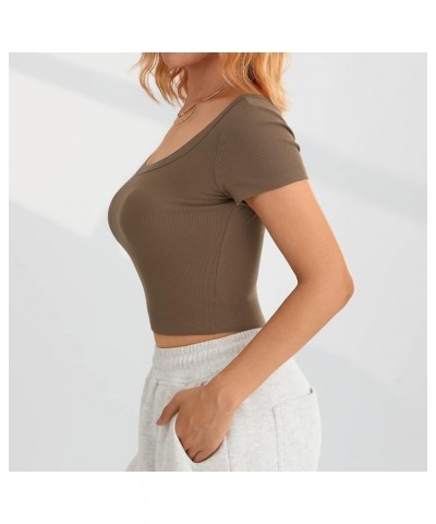 Women Y2K Short Sleeve Crop Top Round Neck Ribbed Knit Fitted Baby Tee Casual Pullover Cropped T-Shirt Top C-brown $6.75 T-Sh...