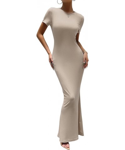 Women's Summer Bodycon Maxi Dress Casual Short Sleeve Tight Long Dresses Crew Neck Lounge Ribbed Tshirt Dress Khaki $13.64 Li...