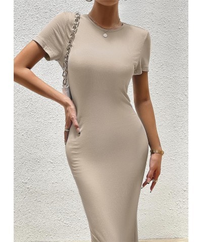 Women's Summer Bodycon Maxi Dress Casual Short Sleeve Tight Long Dresses Crew Neck Lounge Ribbed Tshirt Dress Khaki $13.64 Li...