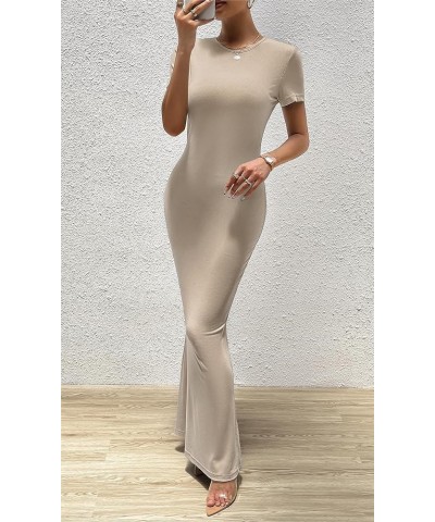 Women's Summer Bodycon Maxi Dress Casual Short Sleeve Tight Long Dresses Crew Neck Lounge Ribbed Tshirt Dress Khaki $13.64 Li...